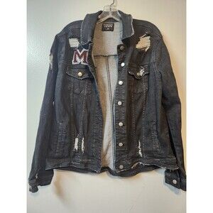 Tinsel Town distressed black denim jean jacket “M” Patch Right Chest Size Medium